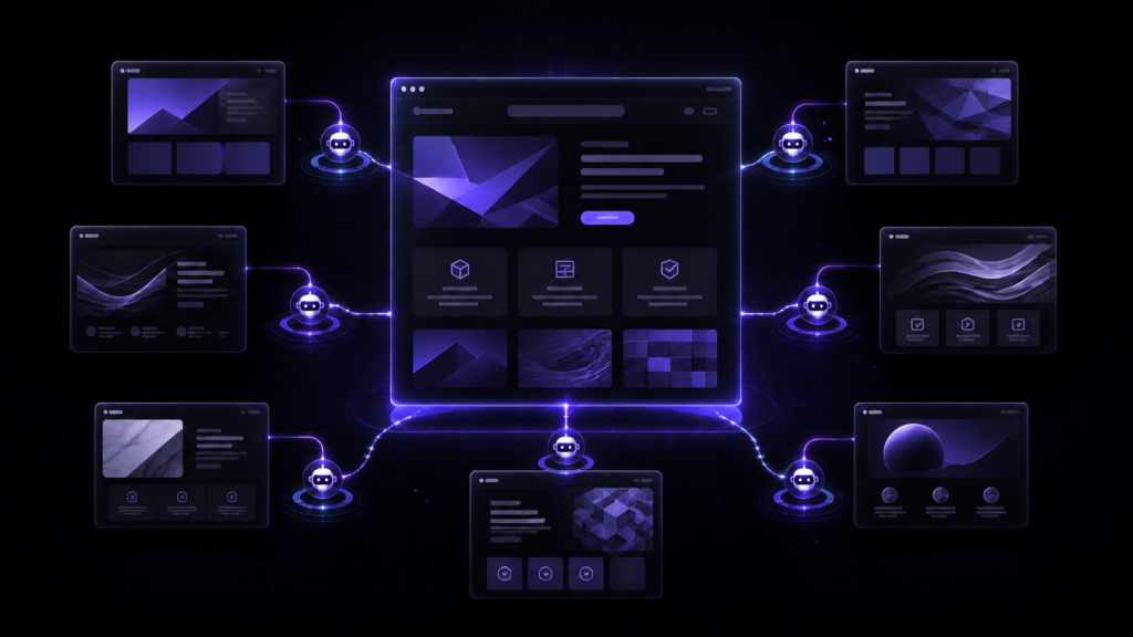 Seven AI-friendly WordPress theme interfaces connected to AI agents around a central website canvas