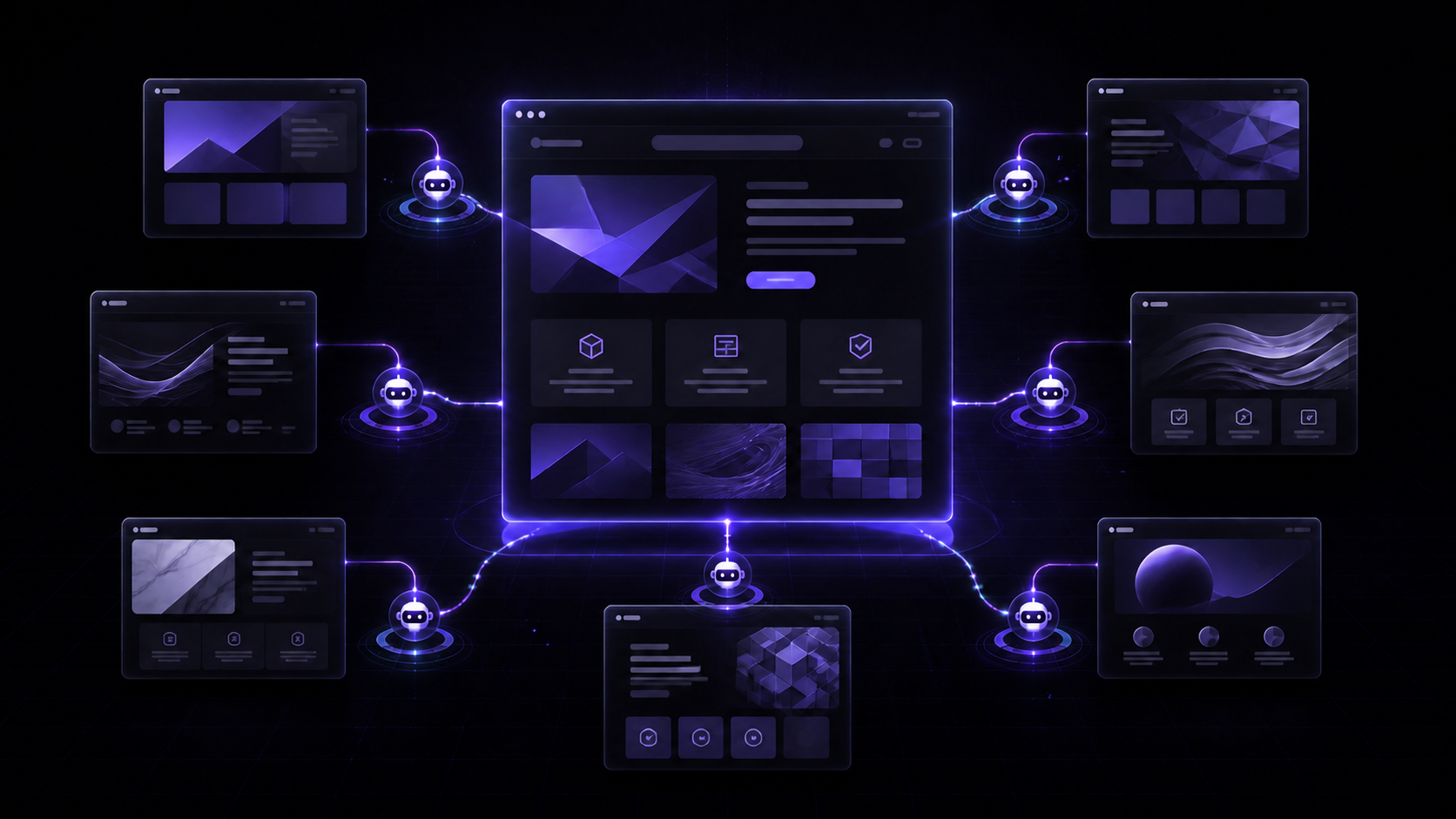 Seven AI-friendly WordPress theme interfaces connected to AI agents around a central website canvas