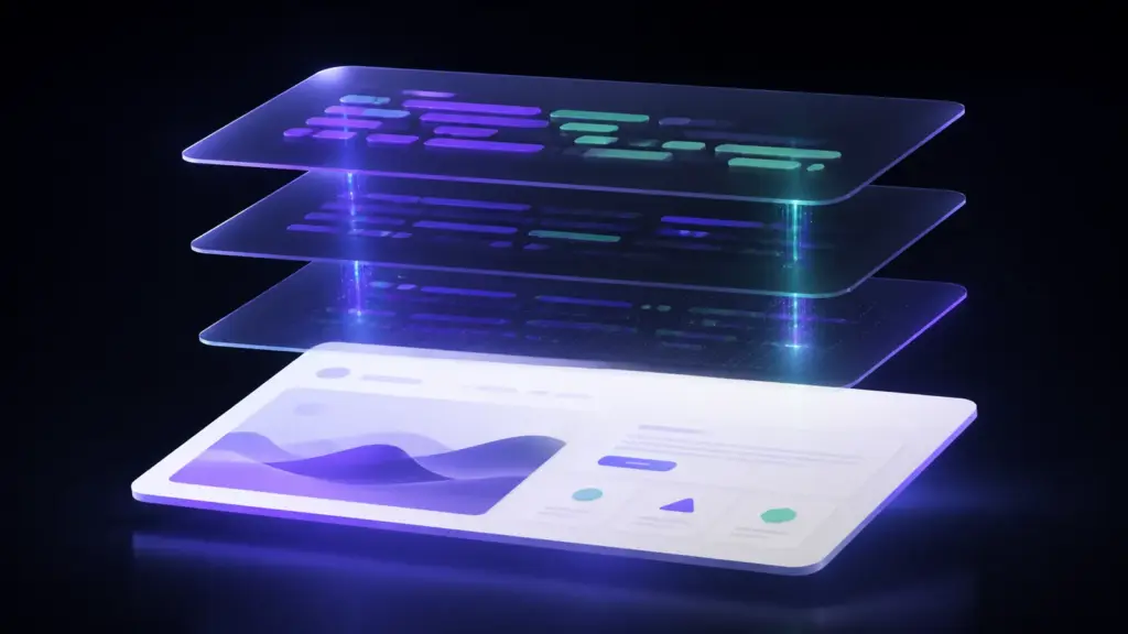 Layered HTML, CSS and JavaScript assembling into a polished webpage