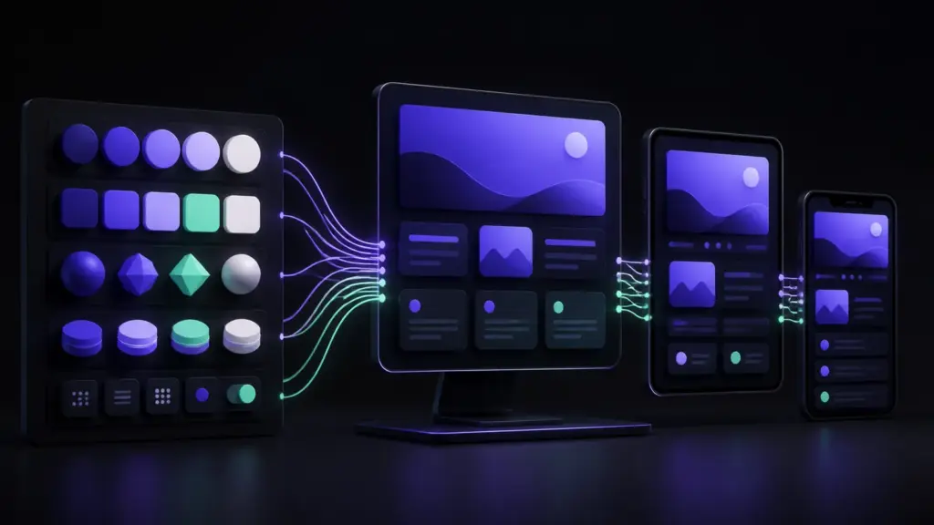 A design token system flowing consistently across desktop, tablet and mobile layouts