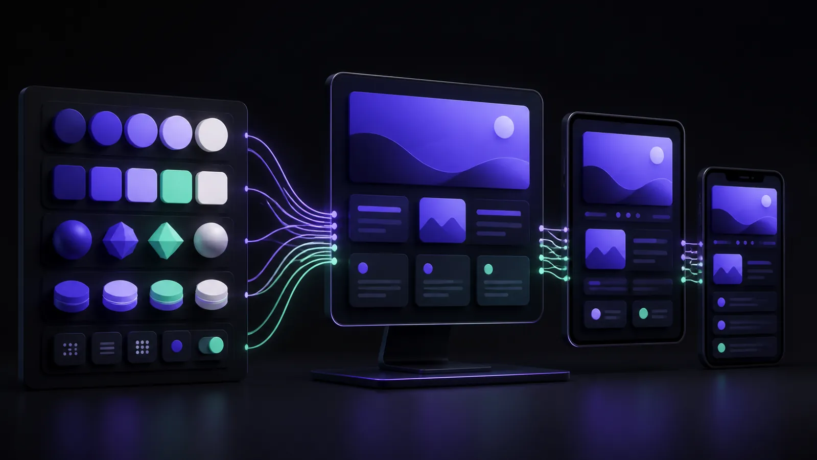 A design token system flowing consistently across desktop, tablet and mobile layouts