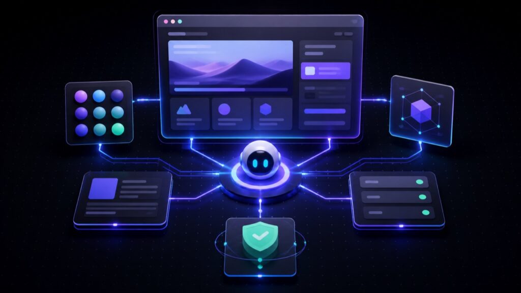 AI agent connected to a visual WordPress theme builder and editable site canvas
