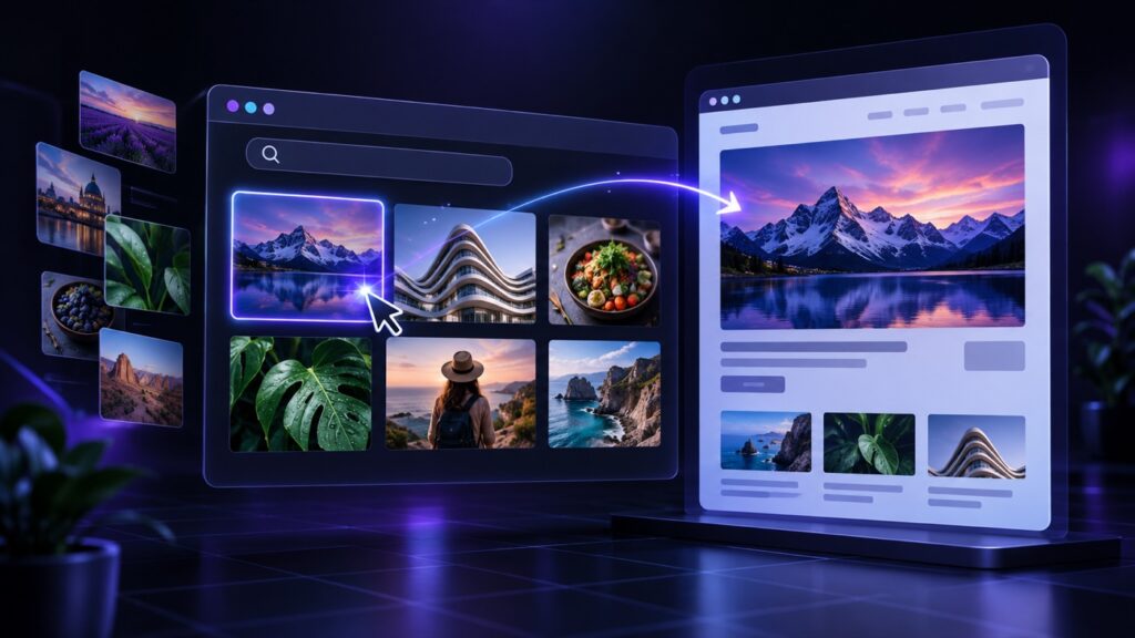 Shilpi Image Kit selecting a stock photograph and importing it into a WordPress page