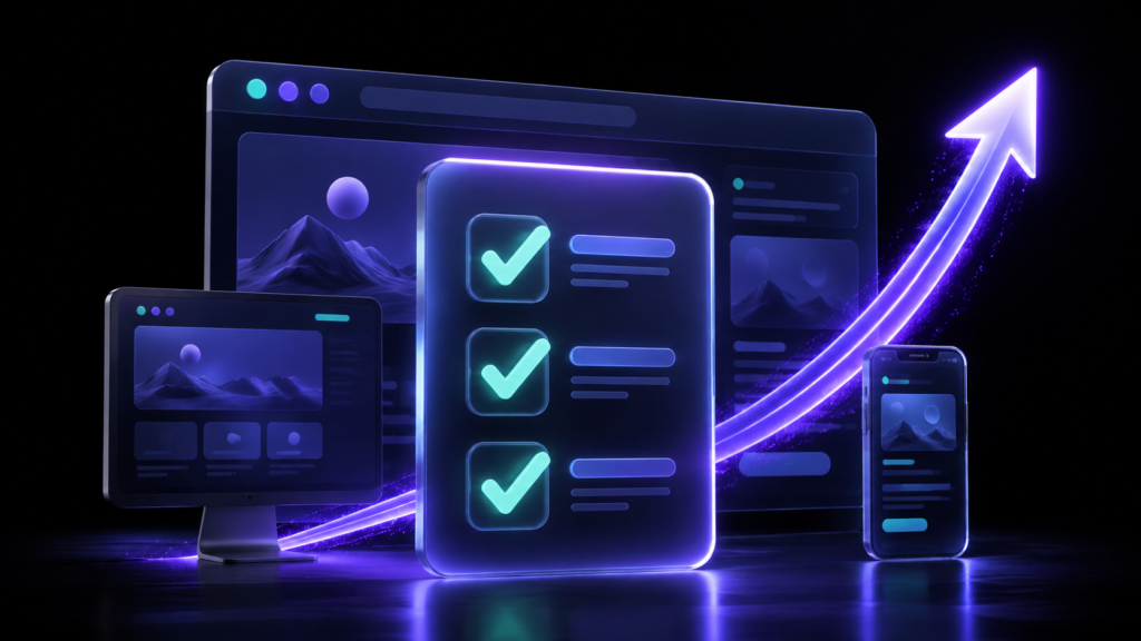 A launch checklist with completed checks in front of desktop and mobile website previews