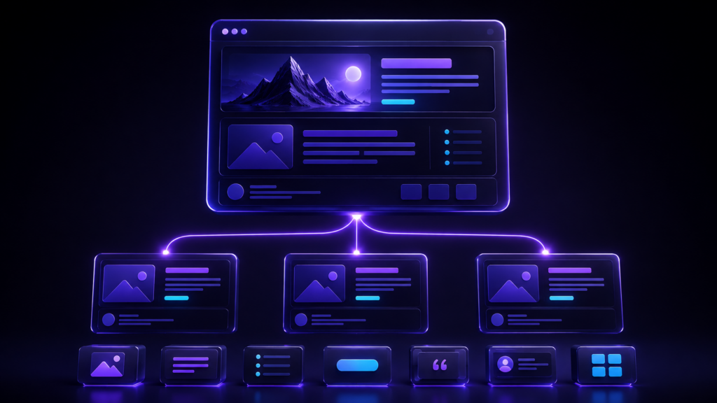 A reusable master blog layout connects to matching article cards and components